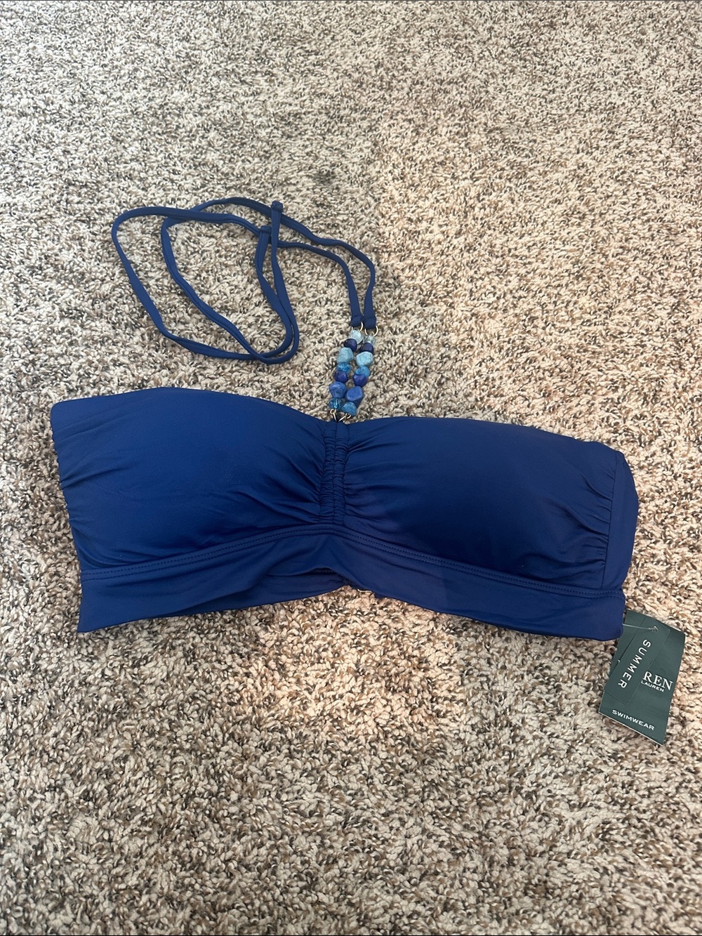 Lauren Ralph Lauren Royal Blue Bandeau Bikini Top with Beaded Halter